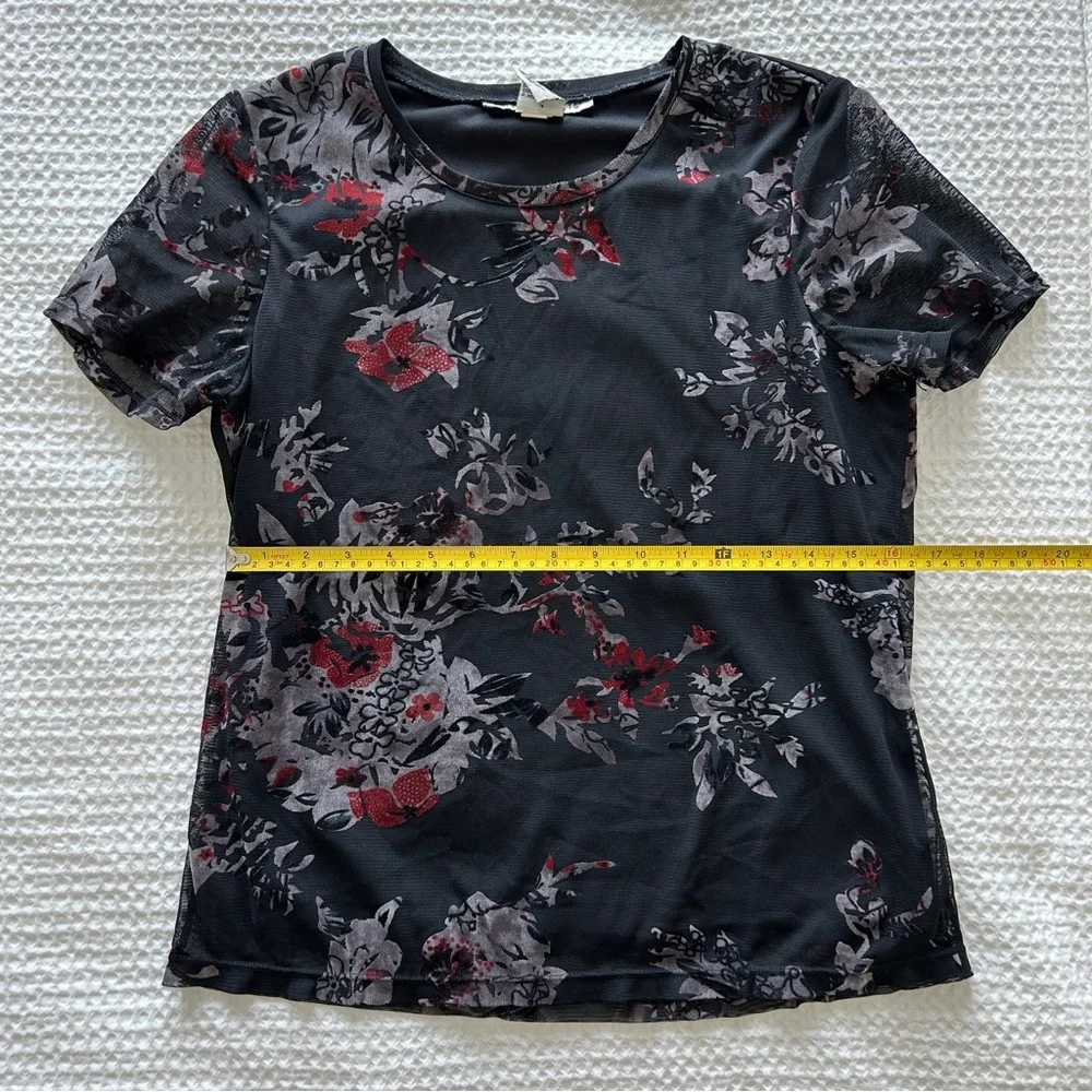 Requirements Vintage 90s/Y2K Velvet Burnout Black Floral Tee with Sheer Overlay - Picture 7 of 7
